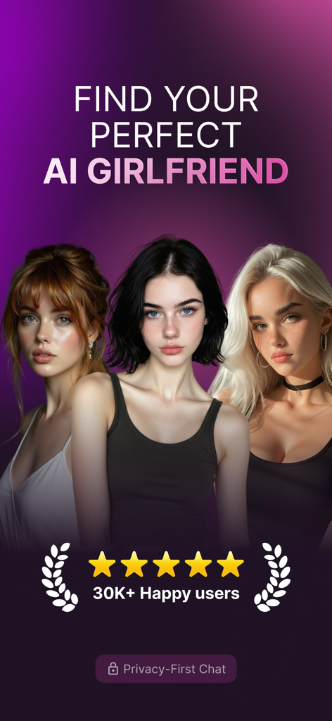Three realistic AI girlfriend avatars on a purple background with the text Find Your Perfect AI Girlfriend
