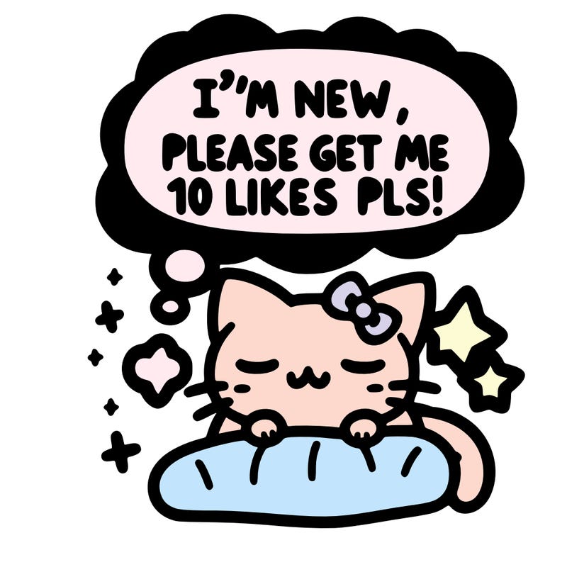 kitty taking a nap dream talking and saying "i'm new, please get me at least 10 likes pls!!"