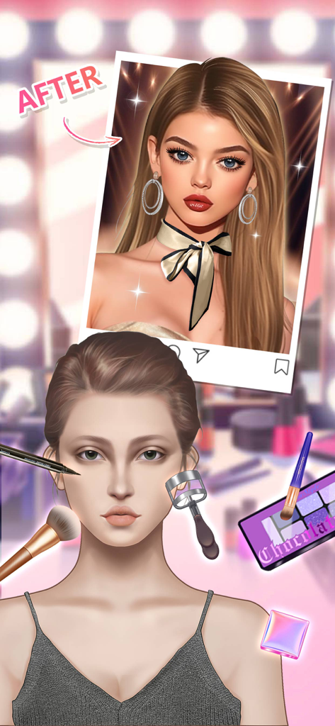 Makeup Salon - DIY Makeup game - Uma tela de aplicação de maquiagem digital mostrando uma transformação de antes e depois com várias ferramentas de beleza e um look final no estilo Instagram.