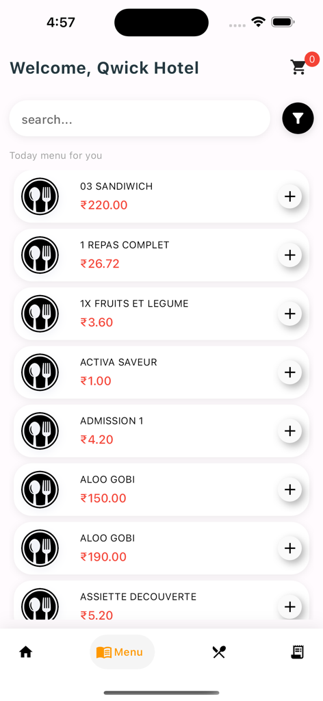 Interfaccia del menu digitale nell'app Cloud Hotel ERP Luxe per la gestione dei servizi di ristorazione dell'hotel
