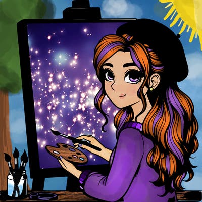 realistic girl artist painting a blank canvas