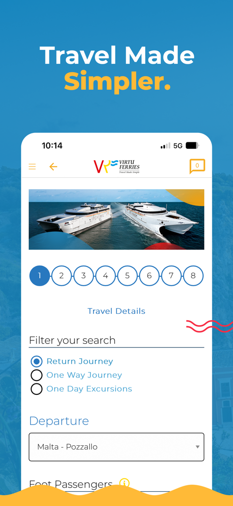 Schermata dell'app mobile Virtu Ferries che mostra l'interfaccia di prenotazione per viaggi tra Malta e Sicilia