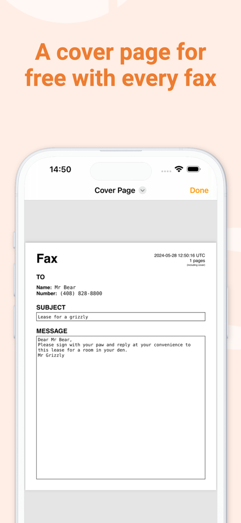 Genius Fax - Faxing app - Genius Fax app showing a free customizable fax cover page