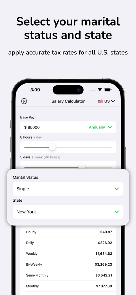 Salary calculator app screen with marital status and state selection for tax rates