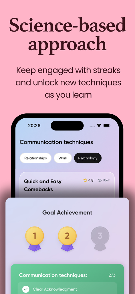 Interface de l'application Communication skills 2025 présentant des badges d'accomplissement d'objectifs et des techniques de communication catégorisées.