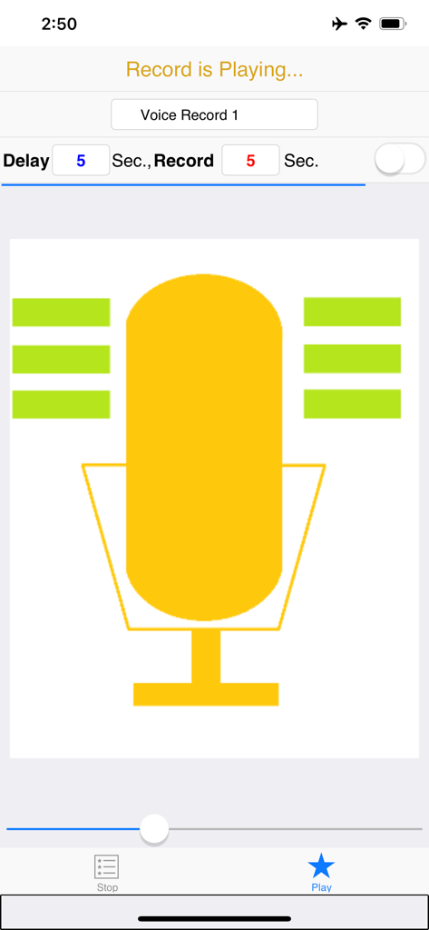 Timing Voice Recorder - The audio playback screen of the Timing Voice Recorder app featuring a yellow microphone icon and recording duration settings