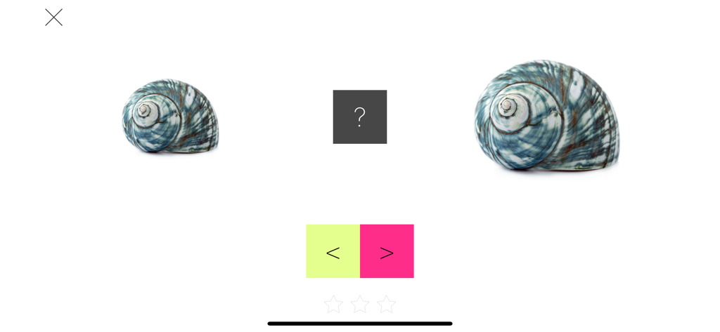 Mata educational app screen for children showing a size comparison exercise between two shells