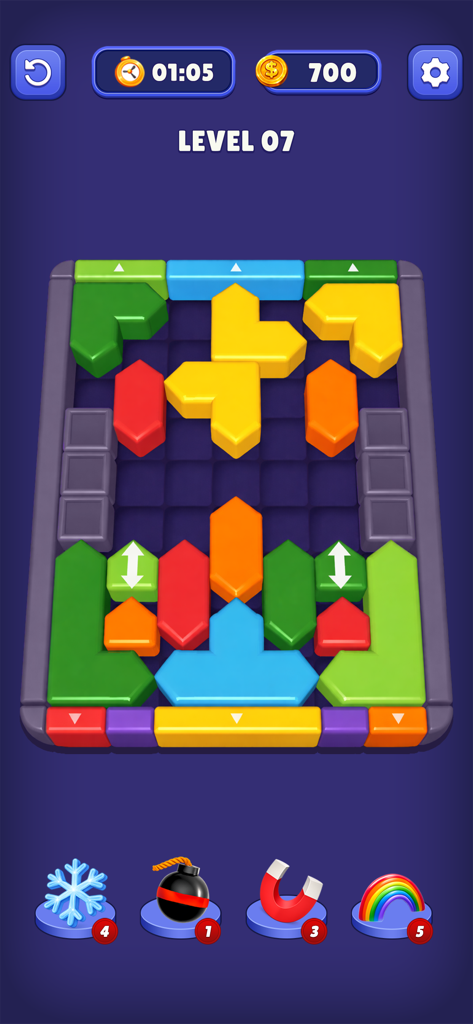 Arrow Color 3D Block Puzzle - Arrow Color 3D Block Puzzle gameplay screenshot showing vibrant 3D blocks with directional arrows on level 7