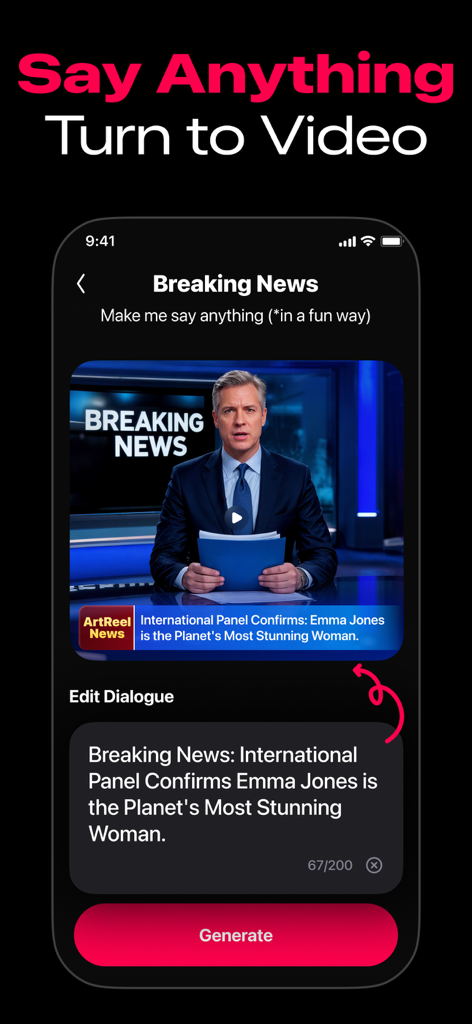 ArtReel mobile app interface showing a breaking news template feature to turn text dialogue into a video.