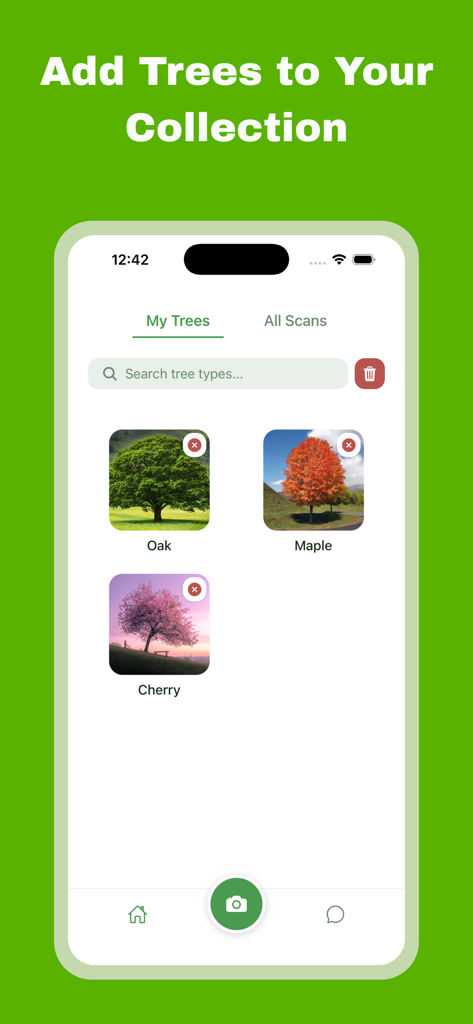 Tree Identifier: AI Scan - La sección Mis Árboles de la aplicación que muestra una galería de especies de árboles identificadas como roble y arce.