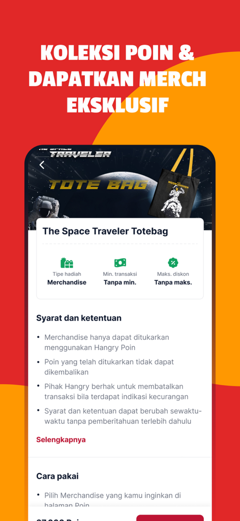 Pantalla de la app Hangry mostrando mercancía exclusiva como recompensa por puntos de fidelidad