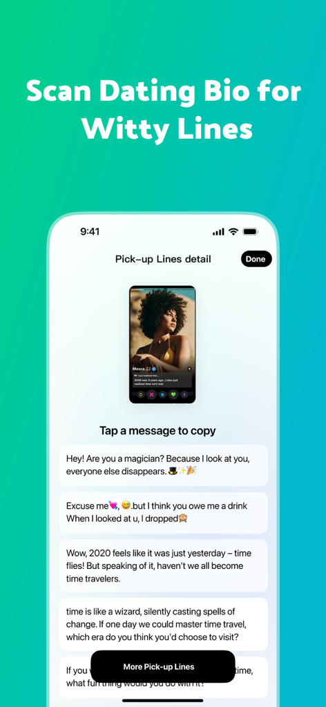 RizzKey -AI Emoji Keyboard - Interfaz de la app RizzKey que muestra ingeniosas frases para ligar generadas por IA basadas en un perfil de cita escaneado.