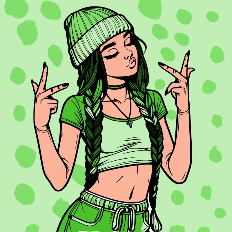 realistic teenage girl with braids and a beanie and crop top doing 🫶🏼