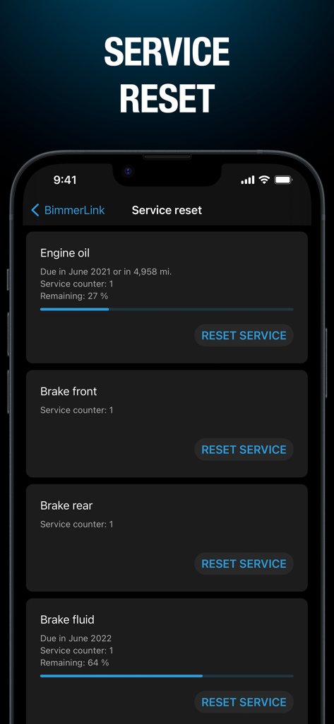 BimmerLink app service reset screen for BMW and MINI vehicle maintenance