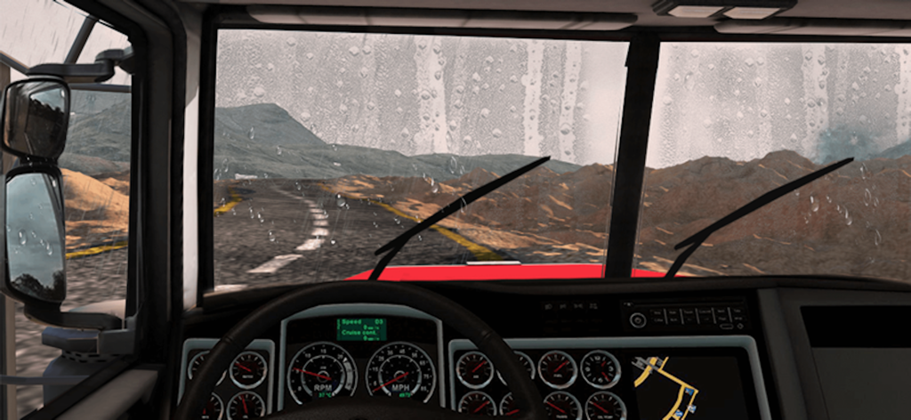 Offroad Mud Truck Driver - Vista de cabina en primera persona de un camión conduciendo por una carretera de montaña lluviosa con limpiaparabrisas activos.