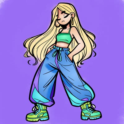 girl in baggy pants crop top and long hair