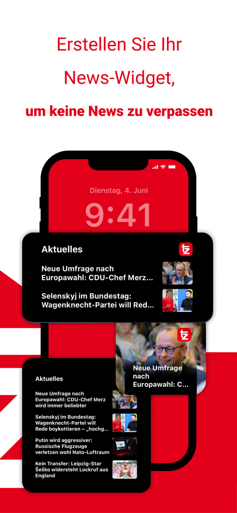 tz - Deine News aus München - Widget iOS per l'app di notizie tz che mostrano titoli e aggiornamenti su un iPhone