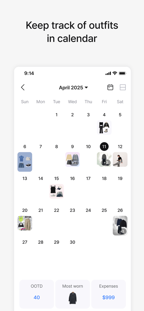 A mobile app interface showing a monthly calendar with small thumbnails of outfits planned or worn on specific days.