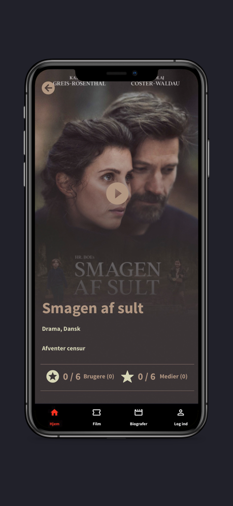 Pantalla de la aplicación móvil que muestra los detalles de la película danesa Smagen af sult en kino.dk