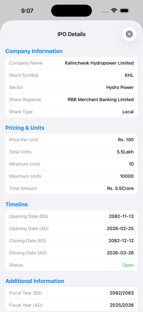 Mero Share Khata - メロシェアカタアプリのKalinchwok Hydropower LimitedのIPO詳細画面。価格設定とタイムラインが表示されています。