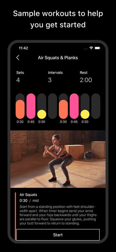 Pacer Fitness - Interval Timer - Interface do aplicativo Pacer Fitness exibindo um treino de exemplo para agachamentos e pranchas com barras de intervalos codificadas por cores e instruções