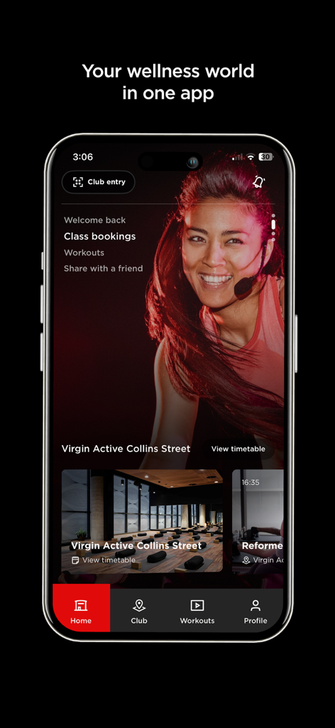 Virgin Active Australia - Tela inicial do aplicativo Virgin Active Australia mostrando recursos de bem-estar e reservas de aulas