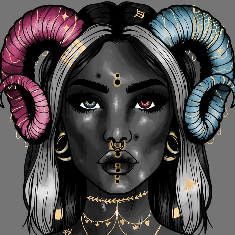realistic woman with ram horns and piercings
