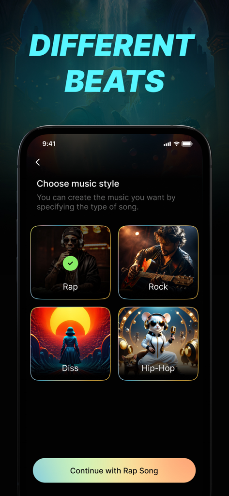 Interface de l'application Générateur de Paroles de Rap par IA pour choisir des styles de musique comme Rap, Rock, Diss et Hip-Hop.