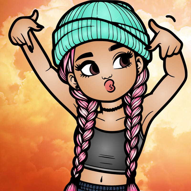 realistic teenage girl with braids and a beanie and crop top doing 🫶🏼