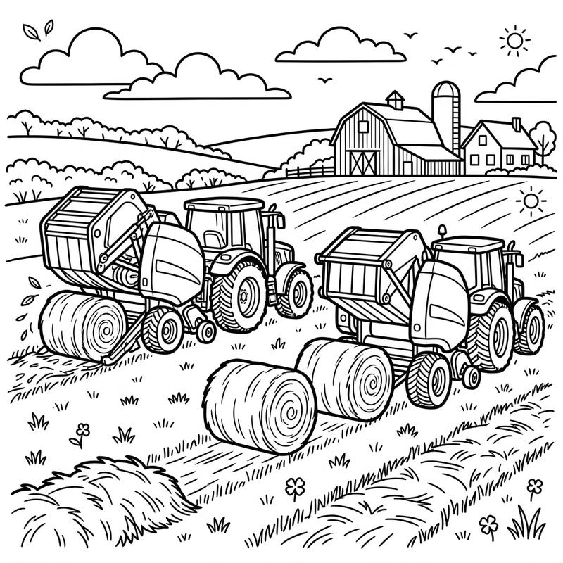 Immerse yourself in a peaceful farm landscape with this delightful baling machines coloring page, thoughtfully designed with clear lines for seniors. Enjoy the relaxing process of bringing this agricultural scene to life with your favorite colors.