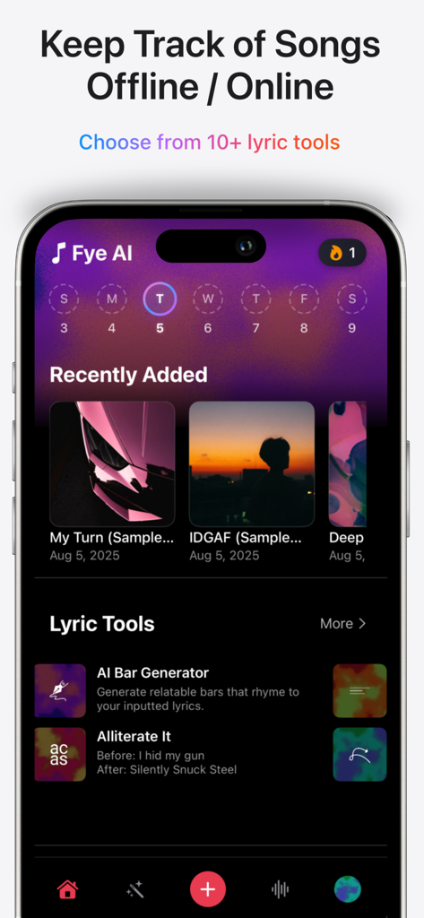 Painel do aplicativo Fye AI mostrando músicas adicionadas recentemente e ferramentas de composição criativas para rappers.