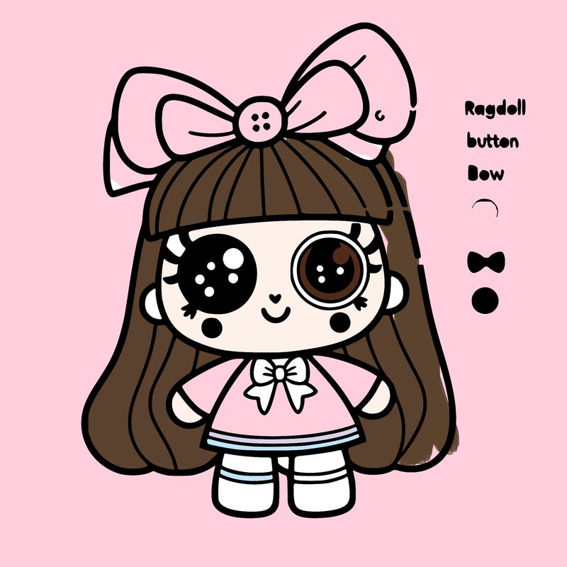 a ragdoll has a button on her right eye she has a bow and her name is ragatha