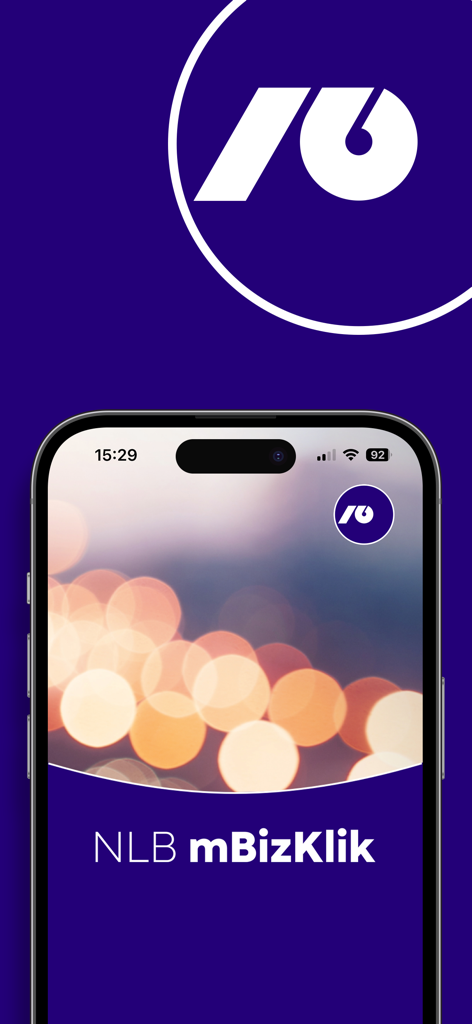 スマートフォンにロゴとブランド名が表示された、事業向けNLB mBizKlik セルビア モバイルバンキングアプリのウェルカム画面。