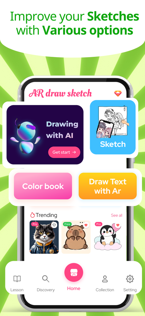 Home screen of the Paint App showing various creative options including AI drawing AR sketching and coloring book.