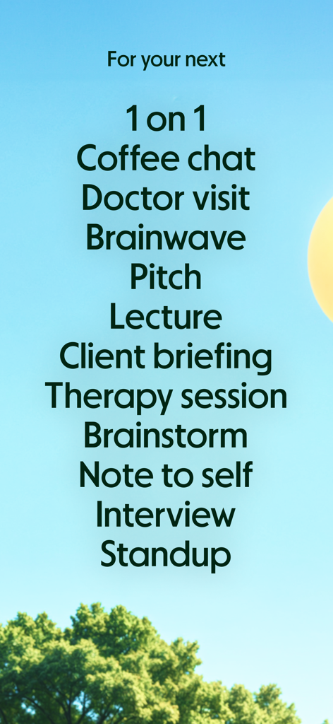 Granola - AI Meeting Notes - A list of professional and personal meeting types for AI note-taking on a blue sky background.