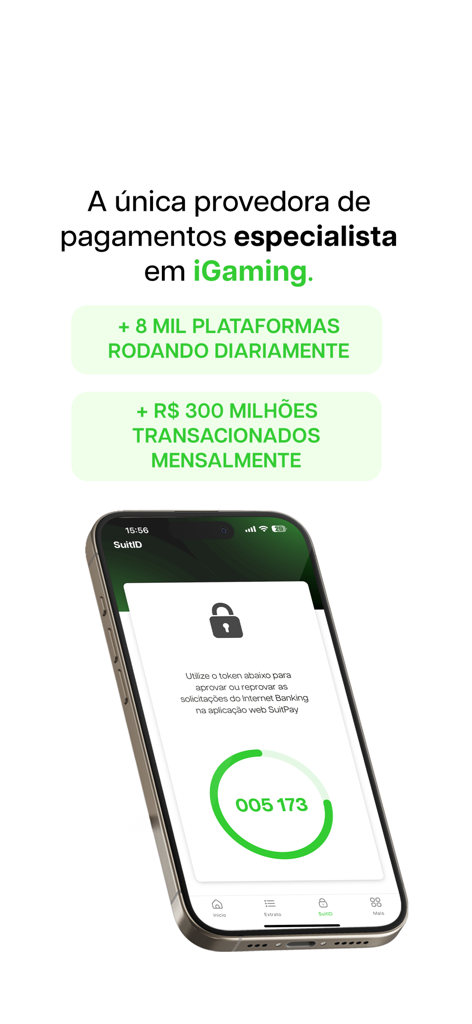 Interfaz de la aplicación SuitPay que muestra estadísticas de especialización de pagos de iGaming y una pantalla de token de transacción segura en un teléfono móvil