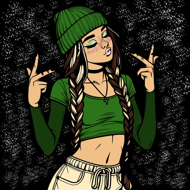 realistic teenage girl with braids and a beanie and crop top doing 🫶🏼