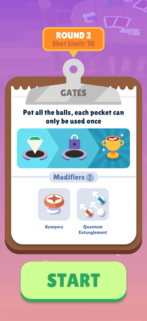 Coffee Pool - Pantalla del juego móvil Coffee Pool que muestra el desafío de la ronda dos del modo Gates con modificadores de mesa únicos y límites de tiros