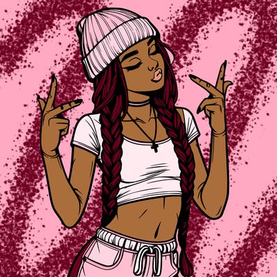 realistic teenage girl with braids and a beanie and crop top doing 🫶🏼