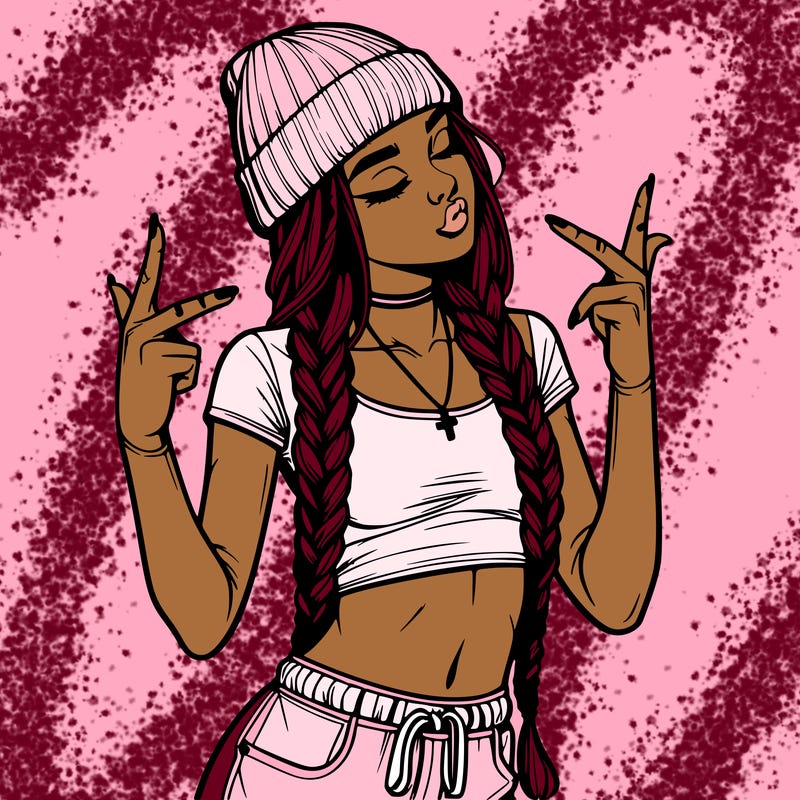 realistic teenage girl with braids and a beanie and crop top doing 🫶🏼