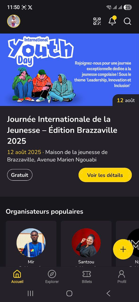 Rhodium - Rhodium mobile app home screen showing an event for International Youth Day and popular event organizers