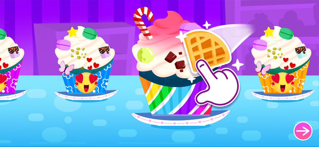 Fun Cooking games for Kids - Una mano decorando un cupcake de arcoíris colorido en un juego de cocina para niños