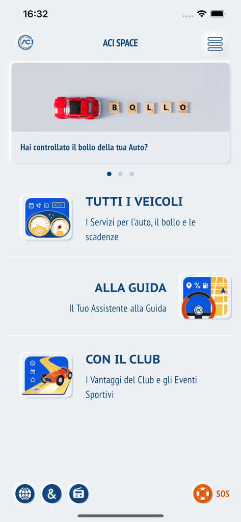 ACI Space app home screen showing vehicle management and driving assistance options