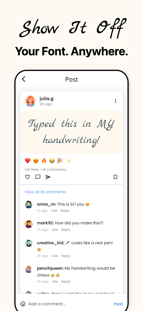 アプリで作成されたカスタム手書きフォントと肯定的なユーザーコメントを紹介するソーシャルメディア投稿のモックアップ。