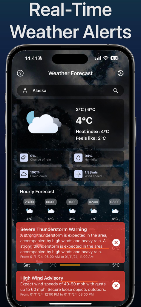 Interfaz de aplicación meteorológica mostrando advertencia de tormenta severa y aviso de vientos fuertes en la pantalla de un smartphone