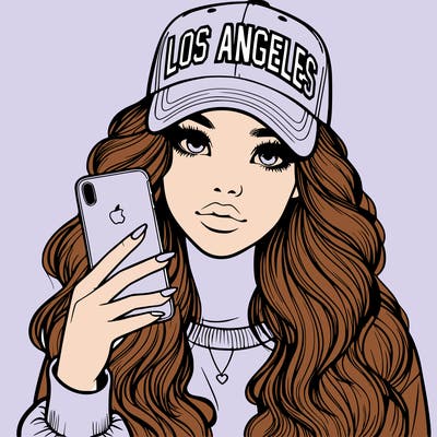 realistic beautiful girl wearing los ángeles cap holding an iphone