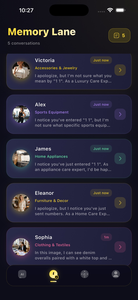 Der Bildschirm 'Memory Lane' in der Zooka App mit einer Liste vergangener Gespräche mit spezialisierten KI-Experten für die Artikelpflege.