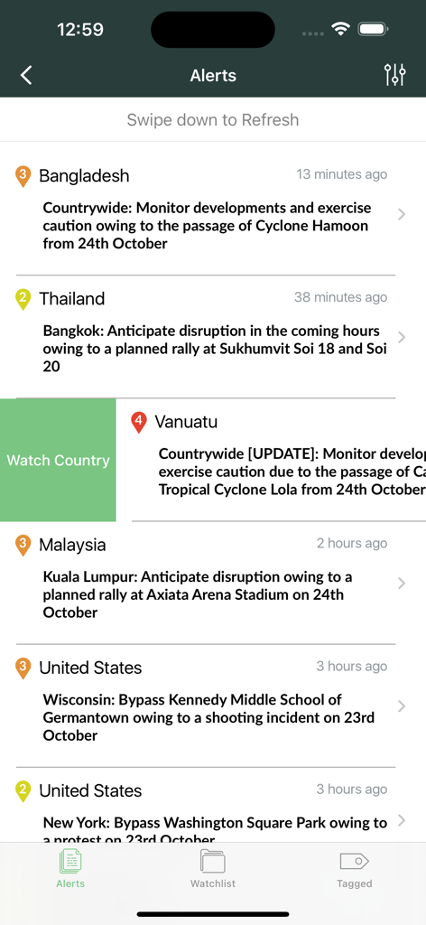 Travel Oracle - A list of real-time travel safety alerts and risk updates for various countries within the Travel Oracle app.