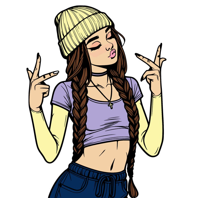 realistic teenage girl with braids and a beanie and crop top doing 🫶🏼