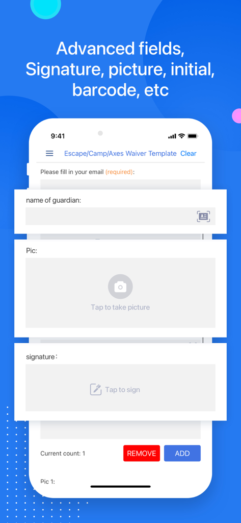 WaiverForever - Online Waiver - A mobile interface of WaiverForever showcasing advanced fields like signature and photo capture for digital waivers.